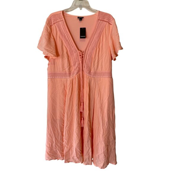 NWT Torrid Peach Flowy V-Neck Dress With Crochet Details & Tassel Tie Size 1 - Picture 1 of 11